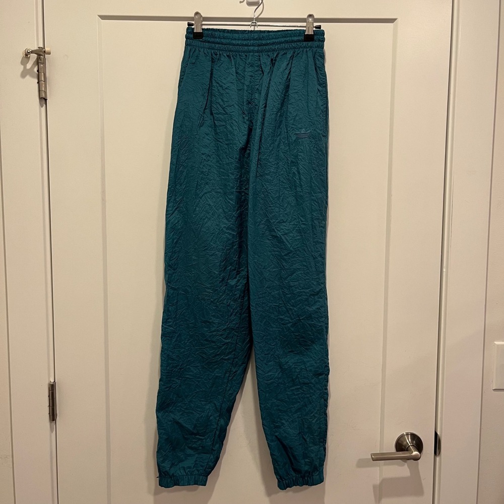 Adidas Vintage Teal Green Crinkle Nylon Track Pants Trefoil Logo Small